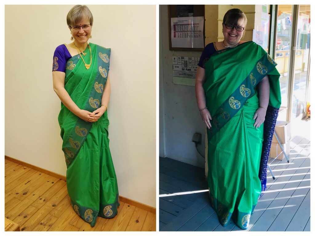 Two pictures of Shaney, wearing the same sari, before and after weight loss